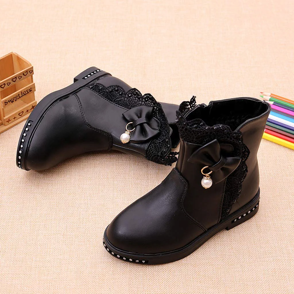 รองเท้าบูทเด็ก รองเท้าบู๊ทข้อสั้นเด็กหญิงสีดำ รองเท้าดรัมเมเยอร์เด็ก ซิปข้าง ประดับโบว์มุข Size 27-37