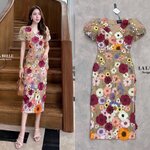 เดรสคอวีแขนตุ๊กตาเอวเข้ารูปกระโปรงยาวทรงสอบมีซับใน ใส่สบาย : สินค้าคุณภาพ (พร้อมส่ง)