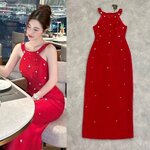 เดรสคล้องคอตัวยาวสีแดงทรงสอบปักเพชร ใส่สบาย : สินค้าคุณภาพ (พร้อมส่ง)