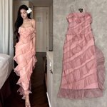 เดรสสายเดี่ยวสีชมพูหวานแต่งระบายเฉียงตัวยาว ใส่สบาย : สินค้าคุณภาพ (พร้อมส่ง)