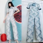 กี่เพ้า จั้มสูทกี่เพ้าน่ารักๆ เนื้อผ้าเกรดเอ ทอลายดอกไม้ในตัว ใส่สบาย : สินค้าคุณภาพ (พร้อมส่ง)