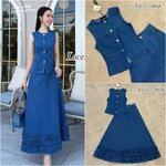 Set ยีนส์ 2ชิ้น เสื้อเบลเซอร์+กระโปรง ดีเทลเสื้อเป็นทรงกระดุมหน้ารีดแต่งเพชร ทรงพอดีตัว มาพร้อมกระโปรงเอวสูง ชายกระโปรงแต่งเย็บระบาย ใส่สบาย : สินค้าคุณภาพ (พร้อมส่ง)