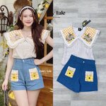 Set เสื้อปกใหญ่โทนสีครีมเนื้อผ้ามีTextureในตัวลายตาราง ปกแต่งผ้าลายสก็อตสีขาวเหลืองปักลายกระต่ายในตะกร้า แมตกางเกงขาสั้นผ้ายีนแต่งกระเป๋า ใส่สบาย : สินค้าคุณภาพ (พร้อมส่ง)