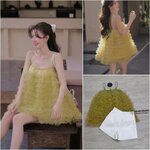 Set 2 ชิ้น มินิเดรสสายเดียว ดีไซน์แต่งระบายเป็นชั้นๆทั้งตัว ช่วงขอบอกเป็นสม็อค มีชับใน อกเสริมฟองน้ำอย่างดี แมทซ์กับกางเกรงขาสั้นสีขาว ใส่สบาย : สินค้าคุณภาพ (พร้อมส่ง)