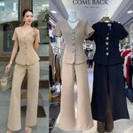 ชุดเซต เสื้อคอวี เย็บกระดุม อะไหล่สีทอง +กางเกงขายาว ใส่สบาย : สินค้าคุณภาพ (พร้อมส่ง)