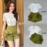 Set เสื้อคอกลมแขนทรงตุ๊กตา+กางเกงขาสั้นแต่งดอกไม้ ใส่สบาย : สินค้าคุณภาพ (พร้อมส่ง)