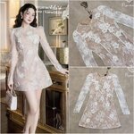 เดรสแขนยาวตัวสั้นสีขาวซับในสีครีม งานฉลุลูกไม้ทั้งตัว เรียบ หรู ดูแพง ใส่สบาย : สินค้าคุณภาพ (พร้อมส่ง)
