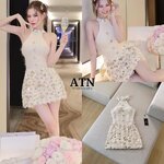 มินิเดรส แขนเว้า สีครีมทอง กระโปรงแต่งเลื่อมระยิบระยับเล่นแสง อกเสริมฟองน้ำ ซิปหลัง ซับในอย่างดี ใส่สบาย : สินค้าคุณภาพ (พร้อมส่ง)