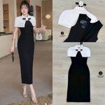 Set 2 ชิ้น เดรสยาวแขนกุดสีดำทรงเข้ารูป อกเสริมฟองน้ำ ซิปหลังช่อน มีชับในตัว มาพร้อมเสื้อคลุมไหล่สั้นสีขาวมีเข็มกลัดดอกไม้สีขาวตกแต่งด้วยริบบิ้นสีดำ ใส่สบาย : สินค้าคุณภาพ (พร้อมส่ง)