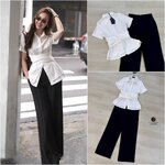 Set 2 ชิ้น เสื้อเชิ้ตขาวแขนสั้นมีกระดุมหน้าดีเทลเย็บติดสายคาดเอวบิดเกี่ยว (มีกระดุมเกี่ยว) ชายเสื้อแต่ง2ชั้นผ่าหน้าเก๋ๆ มาพร้อมแมทซ์กับกางเกงขายาวทรงกระบอก สีดำ ใส่สบาย : สินค้าคุณภาพ (พร้อมส่ง)