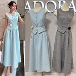 Set เสื้อแขนกุดดีไซน์วี เนื้อผ้าทวิตเนื้อผสม งานกระดุมหน้า มาพร้อมกระโปรงเอวสูง ใส่สบาย : สินค้าคุณภาพ (พร้อมส่ง)