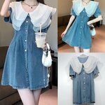 เดรสยีนส์สั้นแขนสั้น ปกใหญ่ผ้าแก้วซ้อนกัน3ชั้นสวย มากค่ะกระดุมหน้าเรียงทรงบาน น่ารักมากค่ะ สินค้าคุณภาพ (พร้อมส่ง)