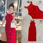 เดรสคล้องคอตัวยาวสีแดงทรงสอบปักเพชร ใส่สบาย : สินค้าคุณภาพ (พร้อมส่ง)