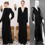 แม็กซี่เดรสเสื้อคอวีป้าย แขนยาวเสริมไหล่ กระโปรงจับเดรปย่นเข้ารูปตรงสะโพก ต่อชาย กระโปรงบาน ผ่าหน้าขา ใส่สบาย : สินค้าคุณภาพ (พร้อมส่ง)