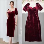 เดรสเสื้อคอกว้างแขนตุ๊กตา กระโปรงทรงสอบ ตรงอกเสื้อมีโครง แต่งด้วยลูกไม้เชิงเพิ่มความเซ็กซี่feminine ใส่สบาย : สินค้าคุณภาพ (พร้อมส่ง)