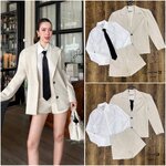 เซ็ต 4 ชิ้น เสื้อเชิ้ต เสื้อสูท กางเกงขาสั้น เนคไท ใส่สบาย : สินค้าคุณภาพ (พร้อมส่ง)