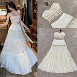 เซ็ตเกาะอกลูกไม้สีครีมแต่งพู่ มาคู่กับกระโปรงบานแต่งลูกไม้ ใส่สบาย : สินค้าคุณภาพ (พร้อมส่ง)