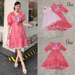 เดรสงานปักดอกปักไม้แขนตุ๊กตา ช่วงคอแต่งระบาย เพิ่มความโดนเด่นด้วยการแต่งโบว์ช่วงอก ช่วงขอบแต่งระบายผ้าลูกไม้สีขาว ใส่สบาย : สินค้าคุณภาพ (พร้อมส่ง)