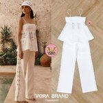 Set เสื้อสายเดี่ยวแต่งผ้าลูกไม้ช่วงอก ชายเสื้อบานเล็กน้อย ตัดแต่งสลับผ้าลูกไม้ มาพร้อมกางเกงขายาวเข้าชุด ใส่สบาย : สินค้าคุณภาพ (พร้อมส่ง)