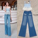 เซต2ชิ้นเสื้อสายเดี่ยวจับจีบระบายแต่งกระดุมหน้าอกแต่งชายระบายชั้นๆแต่ละชั้นแต่งลูกไม้ใส่คู่กับกางเกงขายาวยีนส์ฟอกสีแต่ง ใส่สบาย : สินค้าคุณภาพ (พร้อมส่ง)