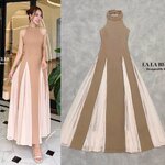 เดรสสีน้ำตาลตัดผ้าสีครีมให้เข้าชุดตัวใช้ผ้าเยอะมากใส่แล้วเสริมบุคลิกภาพมาก ใส่สบาย : สินค้าคุณภาพ (พร้อมส่ง)