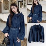 เสื้อเชิ้ตยีน แต่งกระดุม มีเชือกผูกโบ น่ารักสวยผ้าดีใส่ได้ตลอดทรงดีใส่ สบายมาก ใส่สบาย : สินค้าคุณภาพ (พร้อมส่ง)