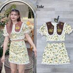 Set ทานตะวัน เสื้อแขนจั้มคอปก คอปกสีน้ำตาลปักลายดอกทานตะวัน งานปักแน่นๆ แมตกระโปรงแต่งระบายลูกไม้สีครีมอ่อนๆ ใส่สบาย : สินค้าคุณภาพ (พร้อมส่ง)