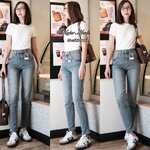 กางเกงยีนส์ทรงบอย(ผ้ายืด) ทรงเอวสูงงงง ช่วงเอวเพิ่มลูกเล่นตรงขอบกางเกง ดูมีสไตล์สุดๆ ใส่สบาย : สินค้าคุณภาพ (พร้อมส่ง)