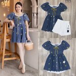 Set มินิเดรสยีนส์ปัก + กางเกงขาสั้นสีขาว ใส่สบาย : สินค้าคุณภาพ (พร้อมส่ง)