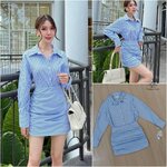 Set เสื้อเชิ้ต+กระโปรง มินิเดรสสั้น เสื้อแขนยาวลายริ้วฟ้า+ขาว คอปก กระดุมหน้า มาพร้อมกับกระโปรงแต่งย่นทรงเข้ารูป ซิบหลัง ใส่สบาย : สินค้าคุณภาพ (พร้อมส่ง)