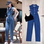 เพลย์สูทขายาวเนื้อผ้ายีนส์แท้ ดีไซน์คอปกแขนกุดด้านหน้าแต่งกระดุม เหล็กยาวใช้งานได้จริง ด้านข้างเว้าทั้ง สองข้าง แกะกระดุมข้างได้ สินค้าคุณภาพ (พร้อมส่ง)