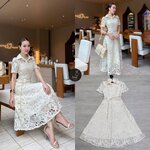 เดรสฉลุลูกไม้สีครีมแขนสั้น คอปก อกเอวเข้ารูป ตัวกระโปรงแต่งบานออกเล็กน้อย ชับใน ใส่สบาย : สินค้าคุณภาพ (พร้อมส่ง)