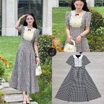 Maxi เดรสลายสก็อต แขนสั้น ดีเทลแต่งคอปกขาว แต่งปักลูกไม้และกระดุมหน้า มาพร้อมเข้มกลัดโบว์เล็ก ใส่สบาย : สินค้าคุณภาพ (พร้อมส่ง)