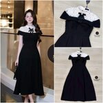 เดรสยาวสีดำคอตั้งแขนกุด ดีเทลช่วงอกแต่งผ้าลูกไม้สีขาวซีทรูคลุมไหล่ ตัวกระโปรงแต่งจับจีบคลายๆ มีกระเป๋าทั้ง 2 ใช้งานได้จริง มีชับใน +เข็มกลัดริบบิ้นโบสีดำติดมุข ใส่สบาย : สินค้าคุณภาพ (พร้อมส่ง)