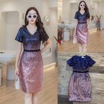 เดรสคอวีแขนสั้นตัวเดรสปักเกล็ดทูโทน แต่งคาดเอวสีดำ ใส่สบาย สินค้าคุณภาพ (พร้อมส่ง)