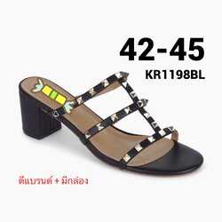 รองเท้าแตะส้นสูงไซส์ใหญ่ 43 44 45 ติดหมุด สไตล์วาเลนติโน่ หนังแท้ สีดำ Rivert Style KR1198