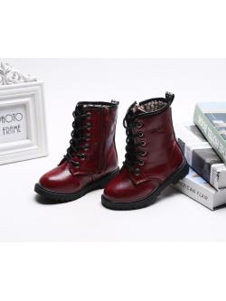 รองเท้าบู๊ทเด็ก สีแดงเบอร์กันดี ผูกเชือกหลอก มีซิปข้าง เท่ห์ หรู Size 27-38