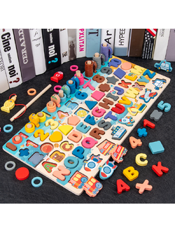 ของเล่นไม้ กระดานจับคู่ 7in1 ตัวเลข ตัวอักษร ยานพาหนะ สวมหลักนับเลข