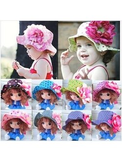 หมวกปีกเด็กหญิงลายจุด ติดดอกไม้ใหญ่ สำหรับเด็กวัย 2-5 ขวบ