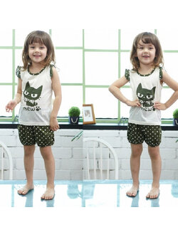 ชุดเสื้อแขนกุดมีระบาย+กางเกงขาสั้นเด็ก ลายแมวน้อยสีดำ size 90 110 120