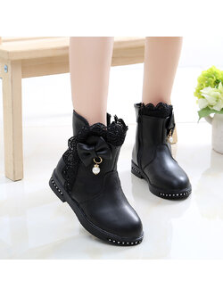 รองเท้าบูทเด็ก รองเท้าบู๊ทข้อสั้นเด็กหญิงสีดำ รองเท้าดรัมเมเยอร์เด็ก ซิปข้าง ประดับโบว์มุข Size 27-37