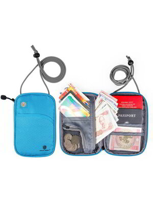 กระเป๋าใส่พาสปอร์ตห้อยคอ คล้องคอได้ กระเป๋าใส่หนังสือเดินทาง ป้องกันการขโมยข้อมูลบัตรเครดิตด้วยคลื่น RFID (Blue)