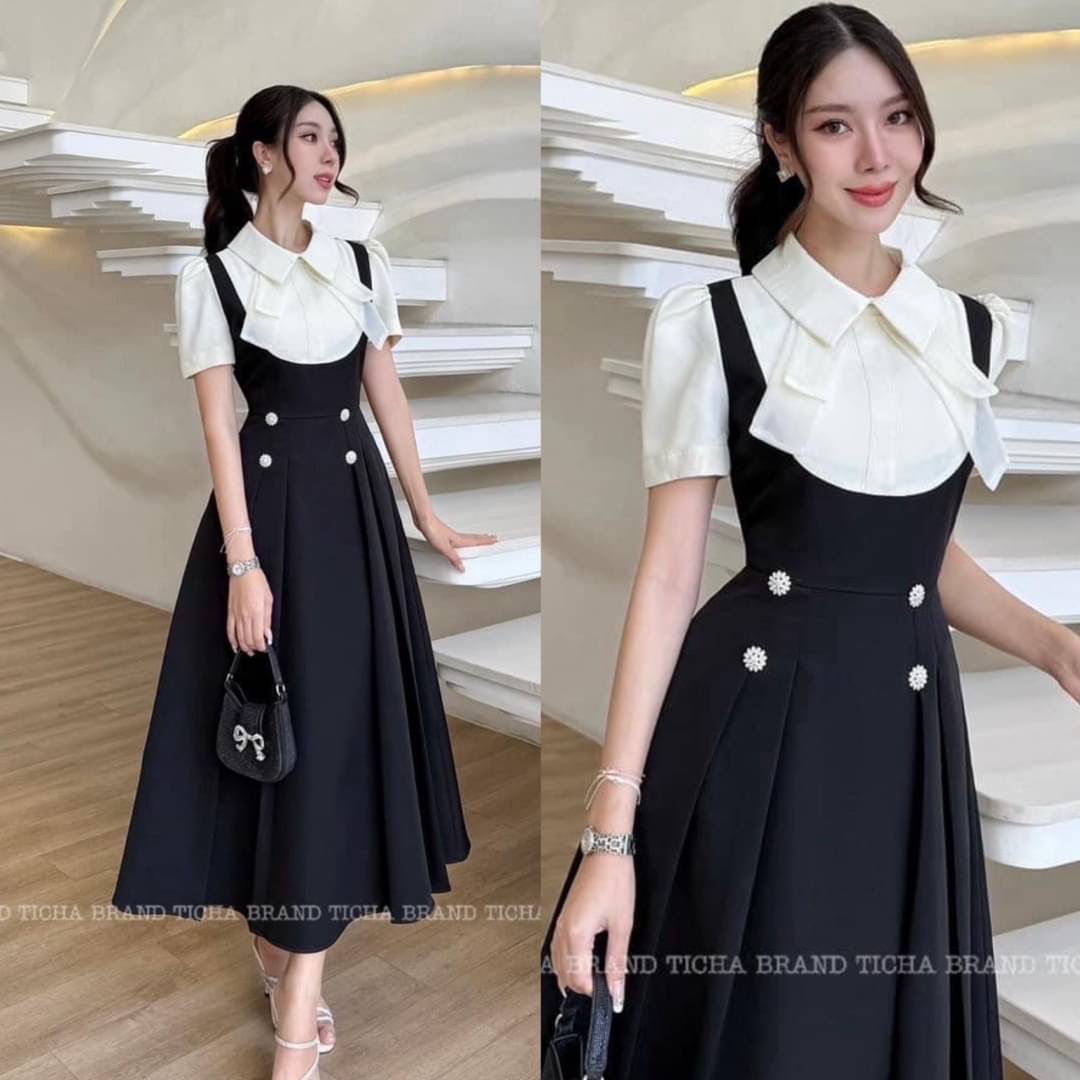 เดรสยาวสีดำอกครีมช่วงคอปกและแขนสีครีมดีไซน์คอปกและแต่งริบบิ้นยาว (ไม่เสริมฟองน้ำ มีซิปหลังอย่างดี ) ช่วงกระโปรงจับจีบทั้งตัวและเย็บติดดอกไม้เพชร ใส่สบาย : สินค้าคุณภาพ (พร้อมส่ง)