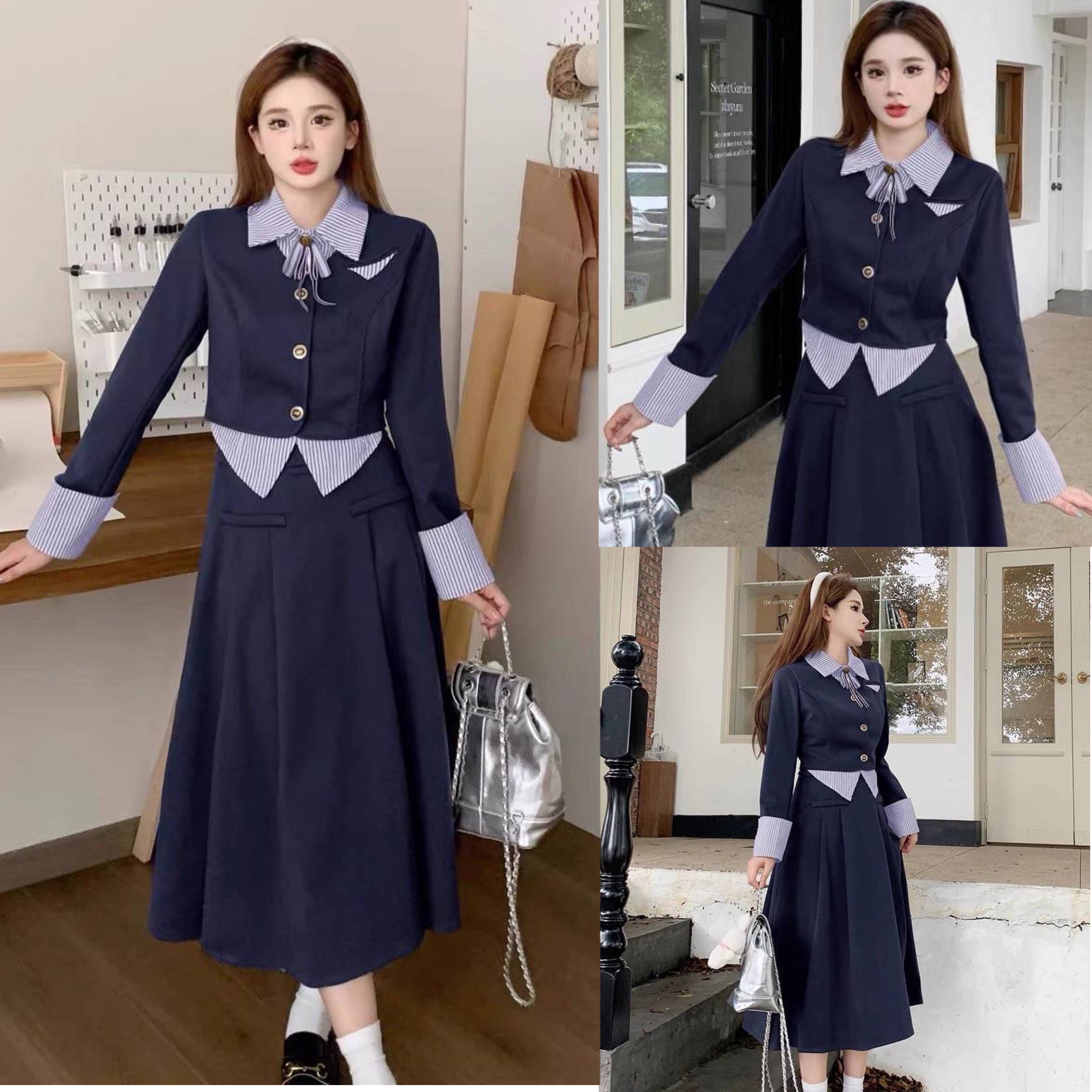 set2ชิ้น สีครบเสื้อคอปกแขนยาวทรงกั๊กด้านหน้า มาพร้อมกลัดโบว์ และมาคู่กับกระโปรง หน้าจับจีบด้านหลังแต่งเรียบ(ซิปหลัง) งานสวย ทรงสวย สินค้าคุณภาพ (พร้อมส่ง)