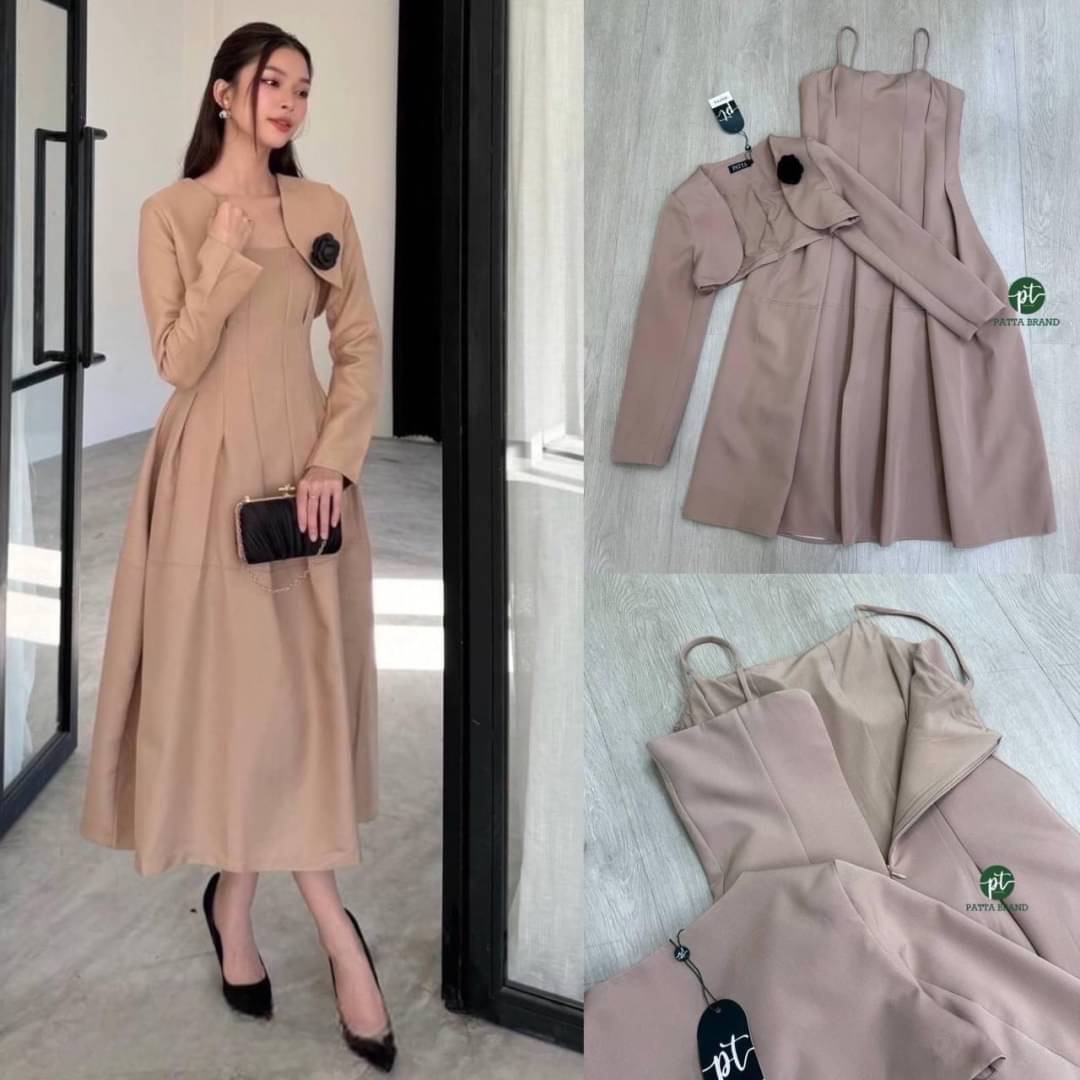 Set 2 ชิ้น สีน้ำตาลเดรสสายเดี่ยว ดีไซน์สวยอกเย็บเสริมฟองน้ำ ตัวเดรสทรงพอง (มีซิปหลัง) +คลุมไหล่ตัวสั้นสีเดียวกัน มีเข็มกลัดดอกไม้ ครบเซตเกร๋ๆ ใส่สบาย สินค้าคุณภาพ (พร้อมส่ง)