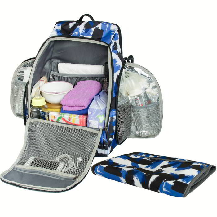 Ecosusi กระเป๋าคุณแม่ กระเป๋าสัมภาระคุณแม่ กระเป๋าแม่ลูกอ่อน แบบเป้ มาพร้อมแผ่นรองเปลี่ยนผ้าอ้อม, สายคล้องรถเข็น, ช่องเก็บความร้อน-เย็น (Navy Patten)