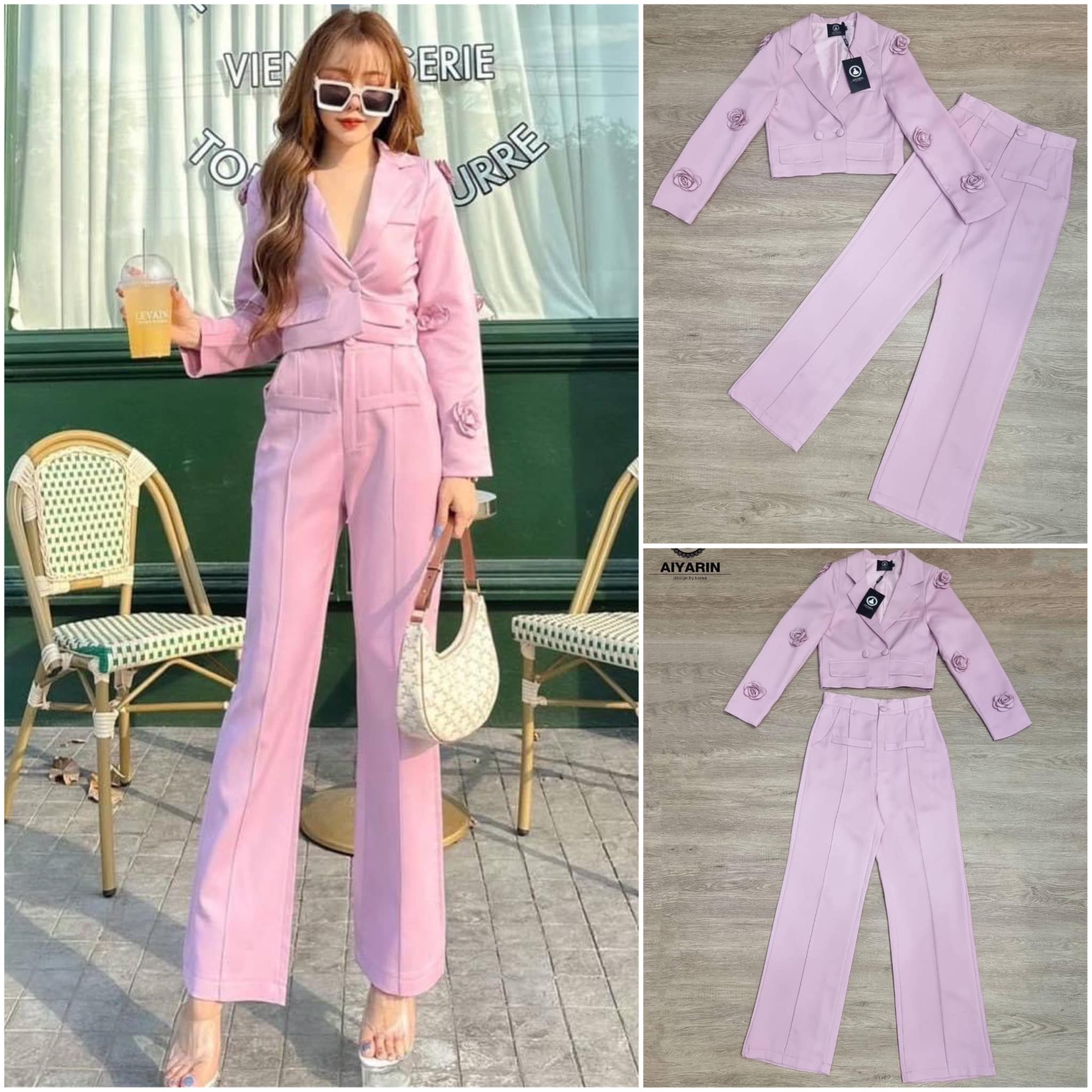 set เสื้อ สูท+ กางเกงขายาว เสื้อเก๋ๆ ติดเข็มกลัดใส่กุหลาบ สินค้าคุณภาพ (พร้อมส่ง)