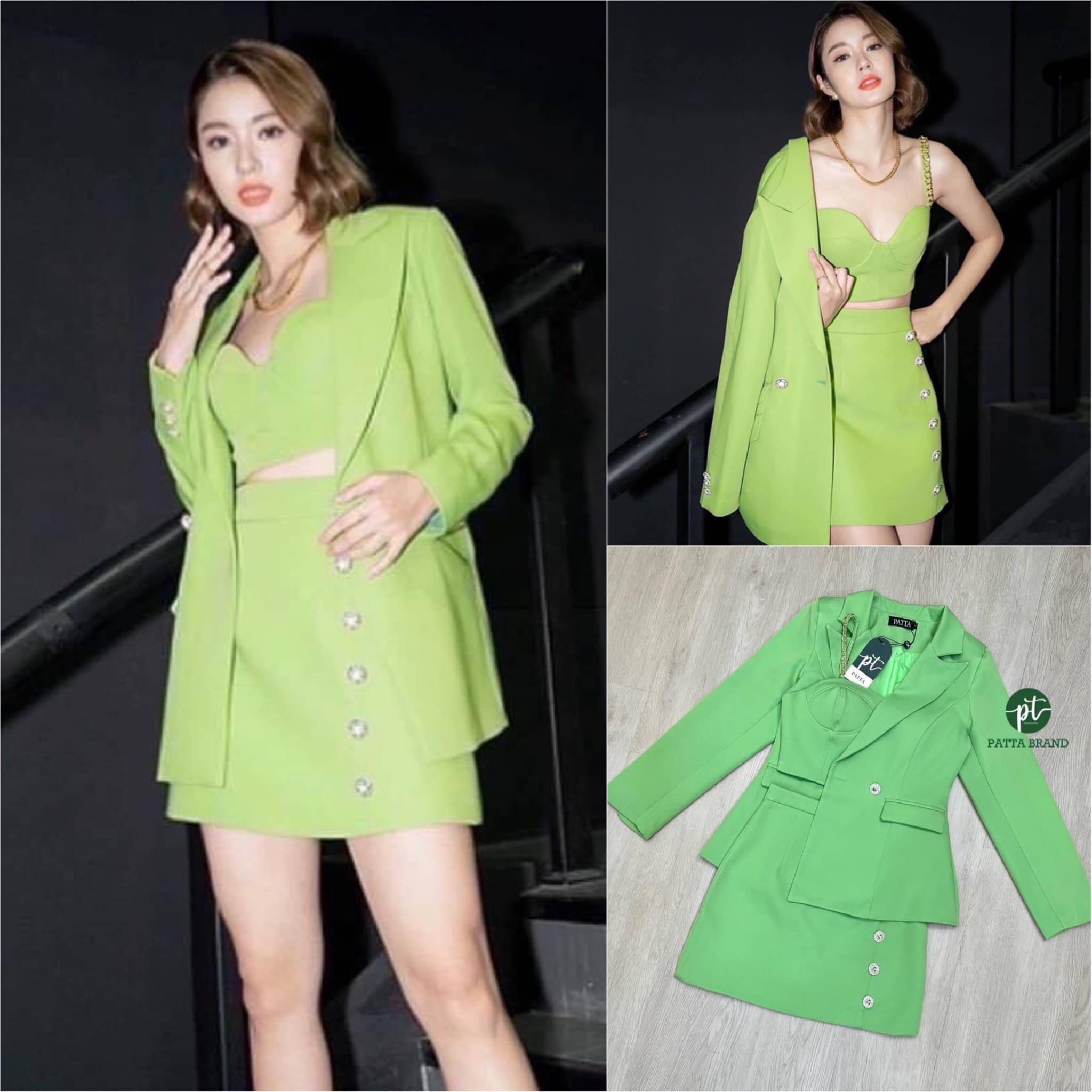 setสูท3ชิ้น เสื้อคลุมสูทแขนยาว คอปกไหล่เย็บเสริมฟองน้ำ มีเสื้อครอปตัวสั้นสายเดี่ยวเย็บแต่งอะไหล่ โซ่ทองอกเย็บเสริมฟองน้ำให้ดูทรงสวยมีซิปหลัง มาพร้อมกีบกระโปรงแต่งอะไหล่เพชรดูหรูหรา สินค้าคุณภาพ (พร้อมส่ง)