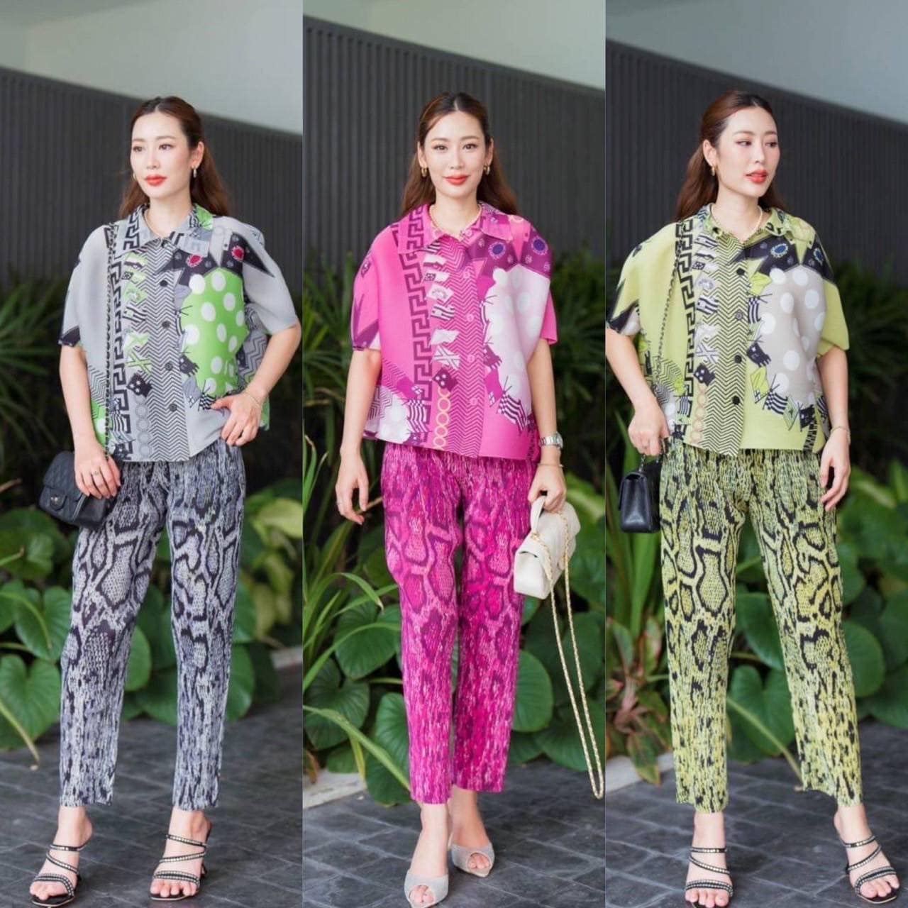 ชุดเซตผ้าอัดพลีทเนื้อดี แบบงาน Brand 😍 ดีเทลเริ่ดมากๆ เสื้อแพตเทิร์น แขนสั้น คอปก ลาย กราฟฟิค กางเกงเอวสมอค อัดพลีส ทรงขากระบอก . สินค้าคุณภาพ (พร้อมส่ง).