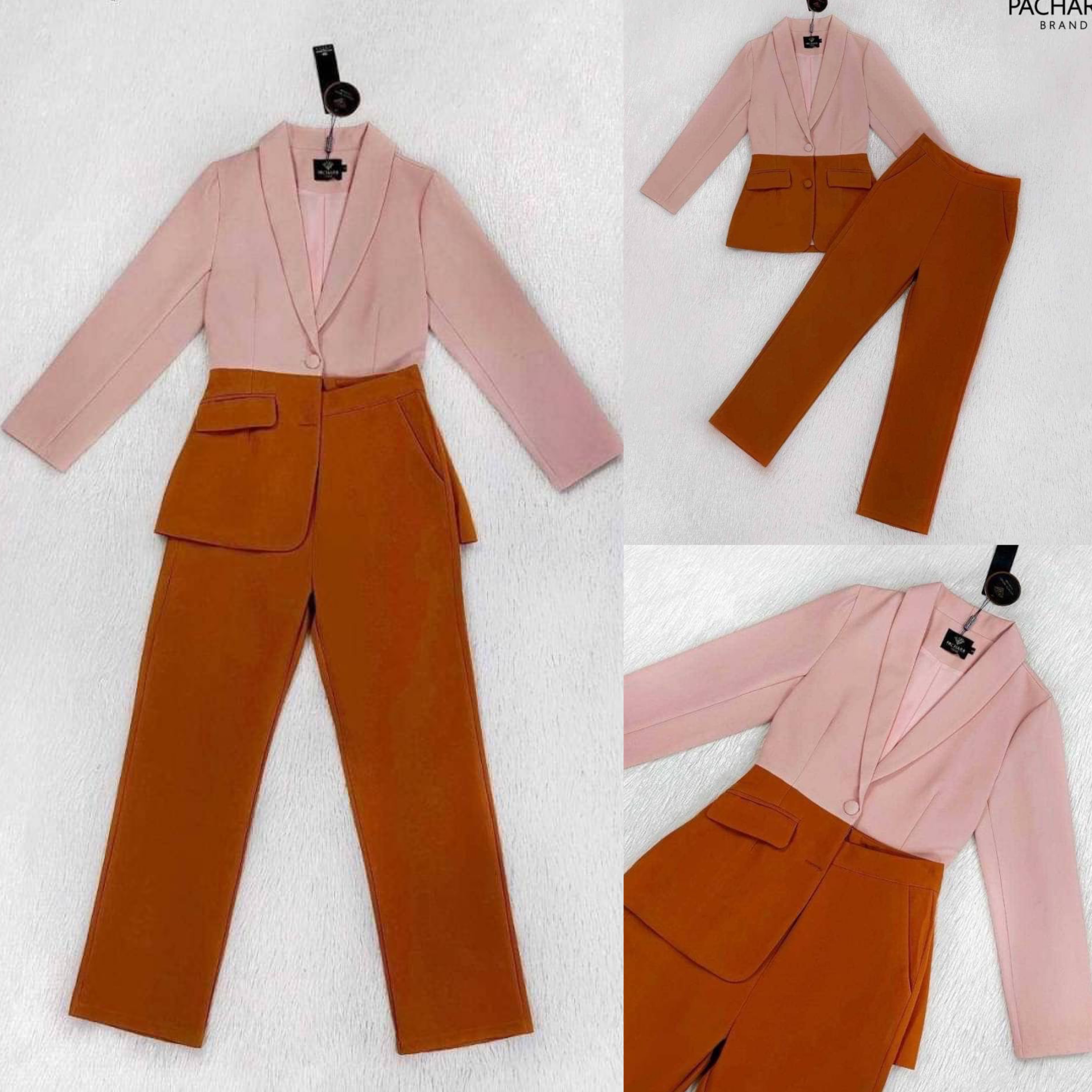 เซ็ต 2 ชิ้น เสื้อสูทแขนยาวสีชมพูนู้ด แต่งกระเป๋าด้านหน้า ชายเสื้อตัดต่อผ้าสีอิฐสวยมาก แมทช์คู่กับกางเกงขายาวเอวสูง สินค้าคุณภาพ (พร้อมส่ง)